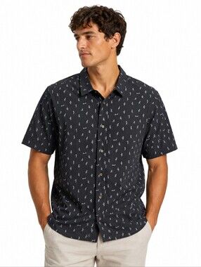 Cotton & Co. Men's Retro Pin-Up Print Shirt Navy Blue Casual Size Large